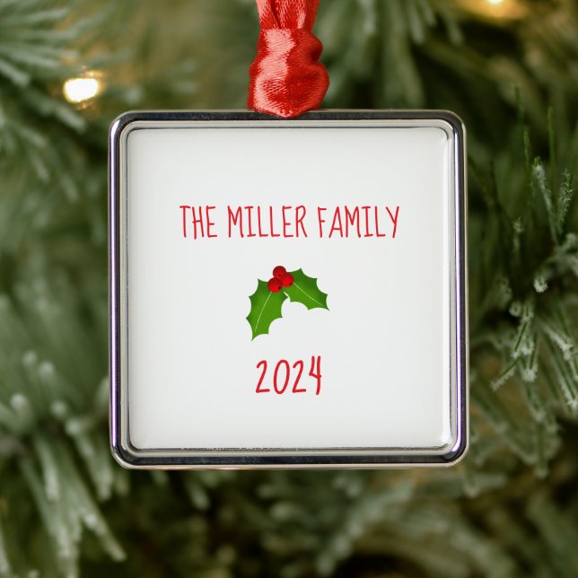 Ornement Carré Argenté Nom de famille Noël Holly Keepsaké ANNÉE Festive (Arbre)
