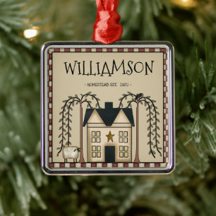 ORNEMENT CARRÉ ARGENTÉ NOM DE FAMILLE RUSTIQUE PRIMITIVE SALTBOX PERSONNA