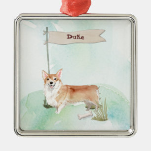 Ornement Carré Argenté Nom personnalisé Corgi Chien de compagnie
