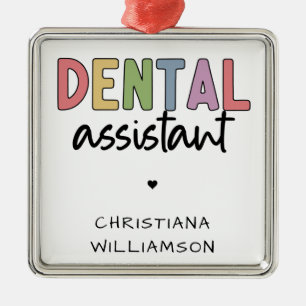 Ornement Carré Argenté Nom personnalisé Dental Assistant Cadeau