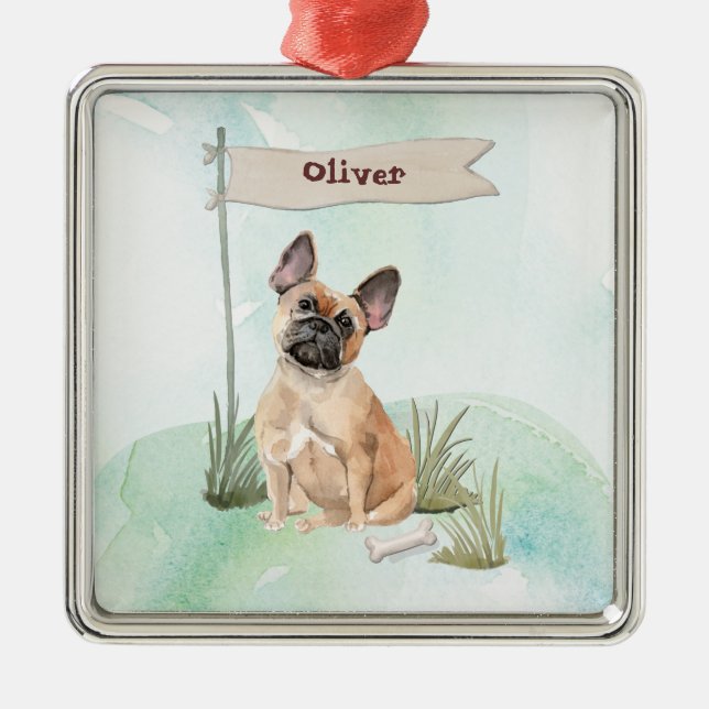 Ornement Carré Argenté Nom personnalisé French Bulldog Pet Chien (Devant)