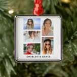 Ornement Carré Argenté Nom personnalisé simple et élégant<br><div class="desc">Simple Elegant Multi Photo Personnalisé Nom Christmas Ornament dispose de cinq de vos photos préférées avec votre nom personnalisé dans la typographie de script noir moderne. Simple,  élégant et classe. Créé par © Evco Studio www.zazzle.com/store/evcostudio</div>