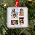 Ornement Carré Argenté Nom personnalisé simple et élégant<br><div class="desc">Simple Elegant Multi Photo Personnalisé Nom Christmas Ornament dispose de cinq de vos photos préférées avec votre nom personnalisé dans la typographie de script noir moderne. Simple,  élégant et classe. Créé par © Evco Studio www.zazzle.com/store/evcostudio</div>