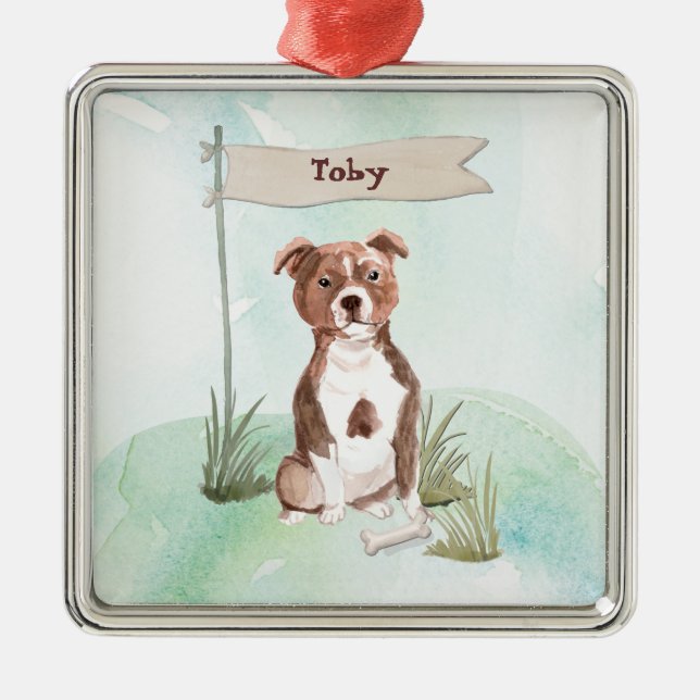 Ornement Carré Argenté Nom personnalisé Staffordshire Bull Terrier chien  (Devant)