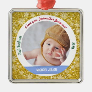 Ornement Carré Argenté Nouveau bébé garçon Photo 1er Noël Godmère Golden