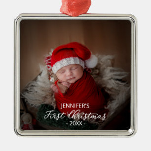 Ornement Carré Argenté Nouveau-né Baby First Christmas Ajouter votre phot