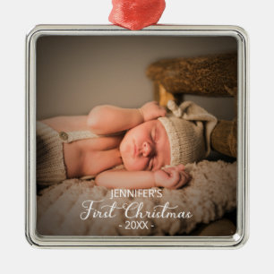 Ornement Carré Argenté Nouveau-né Baby First Christmas Photo personnalisé