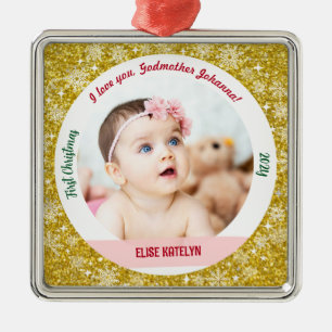 Ornement Carré Argenté Nouvelle bébé fille Photo 1er Noël Godmère Golden