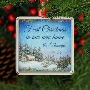 Ornement Carré Argenté Nouvelle maison Couleur d'eau de Noël