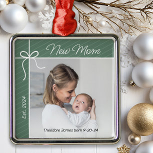 Ornement Carré Argenté Nouvelle maman photo de Noël