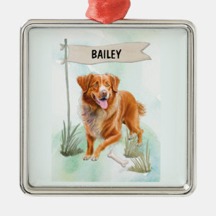 Ornement Carré Argenté Nova Scotia Duck Tolling Retriever Aquarelle Chien