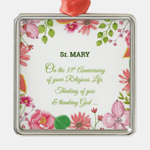Ornement Carré Argenté Nun Religieux 35e Anniversaire Fleurs aquarelles