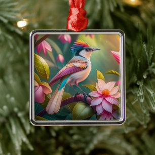 Ornement Carré Argenté Oiseau fantastique Geai à crête arc-en-ciel