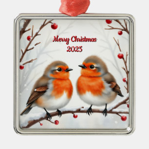 Ornement Carré Argenté Oiseaux de Noël personnalisés