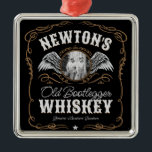 Ornement Carré Argenté Old Moonshine Whiskey Étiquette AJOUTER PHOTO Nom<br><div class="desc">Old Moonshine Bootleggers Whiskey design Étiquette...  Ajoutez votre photo préférée ! Customisez avec votre nom ou votre texte personnalisé !</div>