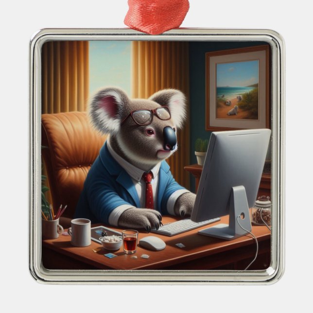 Ornement Carré Argenté Ordinateur Koala (Devant)