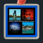 Ornement Carré Argenté Orlando, Miami, South Beach Collage<br><div class="desc">Orlando Miami South Beach Collage si les zones de voyage les plus célèbres de Floride. Une grande partie de l'état de la Floride se trouve sur une péninsule entre le golfe du Mexique, l'océan Atlantique et le détroit de Floride. La Floride possède le littoral le plus long des États-Unis contigus,...</div>