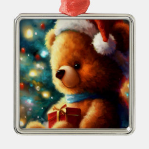 Ornement Carré Argenté Ours en peluche de Noël 3