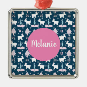 Ornement Carré Argenté Ours polaire et arbres Monogramme Noël présent