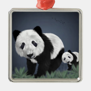 Ornement Carré Argenté panda ours mignon animal noir blanc doux