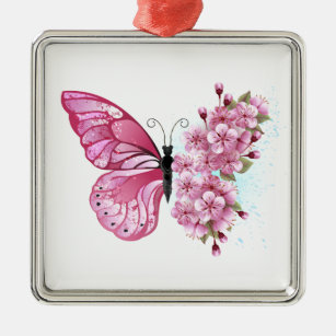 Ornement Carré Argenté Papillon à fleurs avec Sakura rose