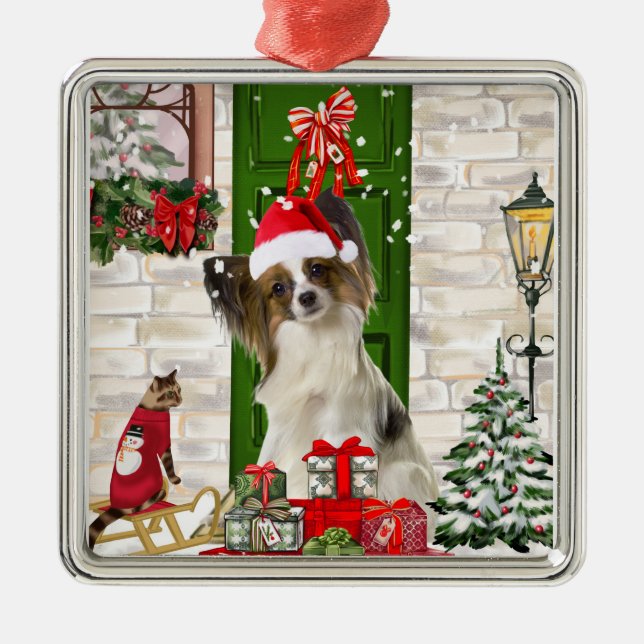 Ornement Carré Argenté Papillon Chien Noël (Devant)