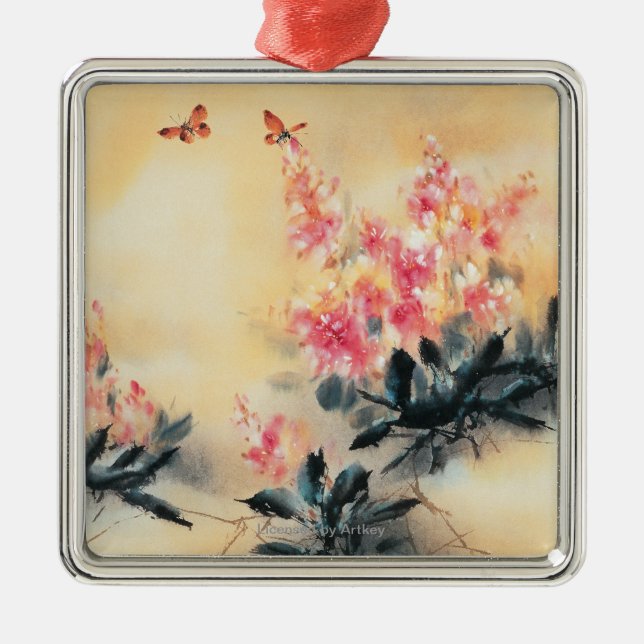 Ornement Carré Argenté Papillons au printemps (Devant)
