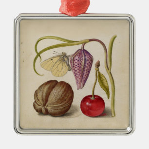Ornement Carré Argenté Papillons noix Fleur Cerisier Aquarelle Art