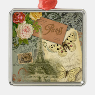 Ornement Carré Argenté Paris France Art Antique Collage Eiffel Français