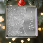 Ornement Carré Argenté Parties scintillant d'argent Glam Bling Personnali<br><div class="desc">Personnalisez facilement ce métal brossé argenté et cet ornement à motif de faux parties scintillant glamour avec votre propre nom personnalisé.</div>