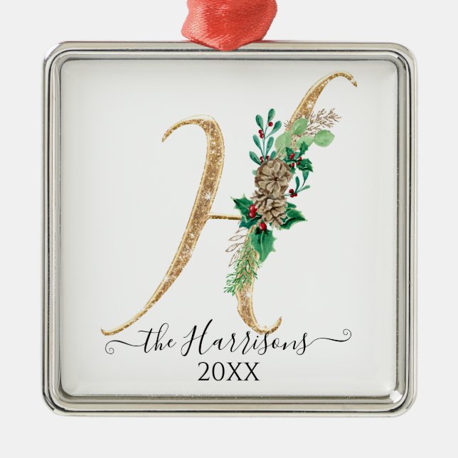 Ornement Carré Argenté Parties scintillant d'or cône Holly Noël Monogramm (Devant)