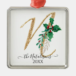 Ornement Carré Argenté Parties scintillant d'or Noël Holly Foliage Monogr