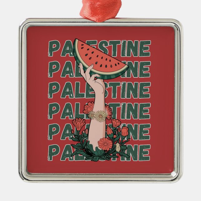 Ornement Carré Argenté pastèque, fleurs et texte Palestine Répéter  (Devant)
