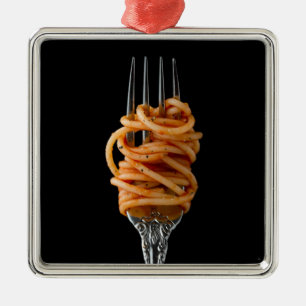 Ornement Carré Argenté Pâtes filées sur une fourchette, spaghetti de no
