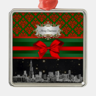 Ornement Carré Argenté Paysage de Chicago Rouge Vert Damassé #2 Nœud Noël