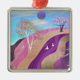 Ornement Carré Argenté Paysage des fleurs du printemps