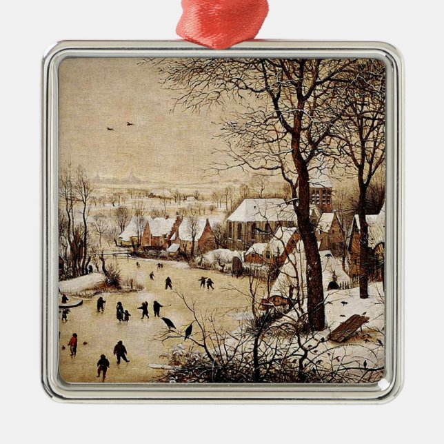 Ornement Carré Argenté Paysage d'hiver par Pieter Bruegel l'Ancien, (Devant)