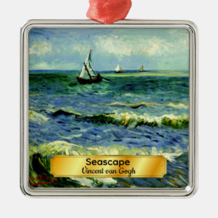 Ornement Carré Argenté Paysage marin, peinture d'art de Van Gogh Ornament