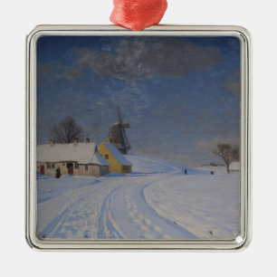 Ornement Carré Argenté Paysage neigeux en hiver (par H.A. Brendekilde)