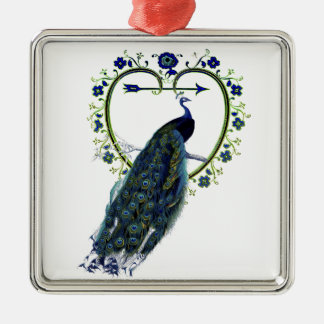 Ornement Carré Argenté Peacock étonnant et cadre de fleur de coeur orné
