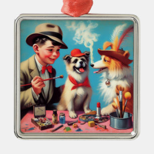 Ornement Carré Argenté Peinture à l'huile rétro Chiens heureux