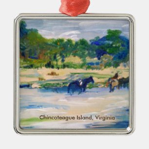 Ornement Carré Argenté Peinture de cheval d'île de Chincoteague
