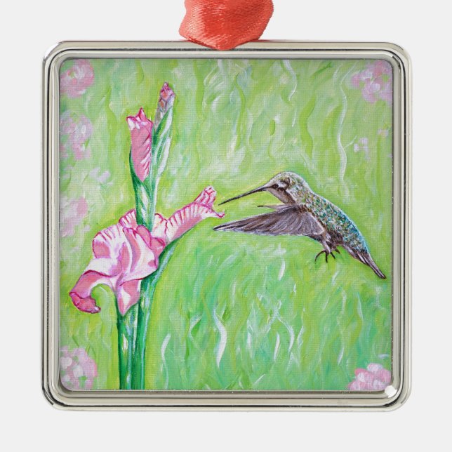 Ornement Carré Argenté Peinture de colibri et de gladioli (Devant)