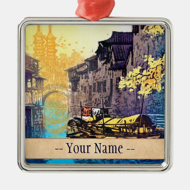 Ornement Carré Argenté Peinture de coucher du soleil de rivière de (Devant)