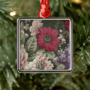 Ornement Carré Argenté Peinture de fleurs vintage rouge rose bleu blanc