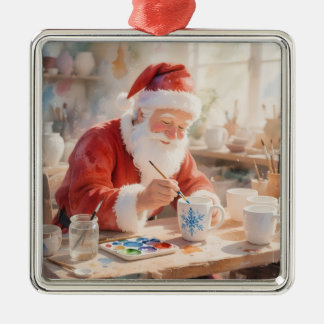 Ornement Carré Argenté Peinture de poterie Père Noël