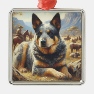 Ornement Carré Argenté Peinture vintage australienne de chien de bétail