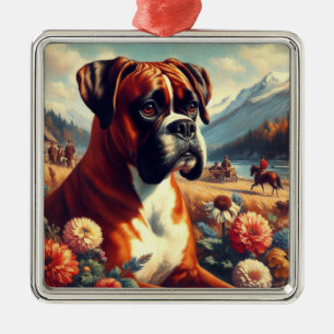 Ornement Carré Argenté Peinture vintage de chien de boîte