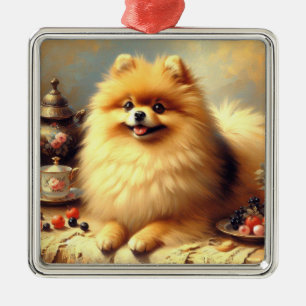 Ornement Carré Argenté Peinture vintage de Chien de Poméranie