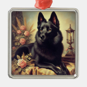 Ornement Carré Argenté Peinture vintage de Chien Schipperke